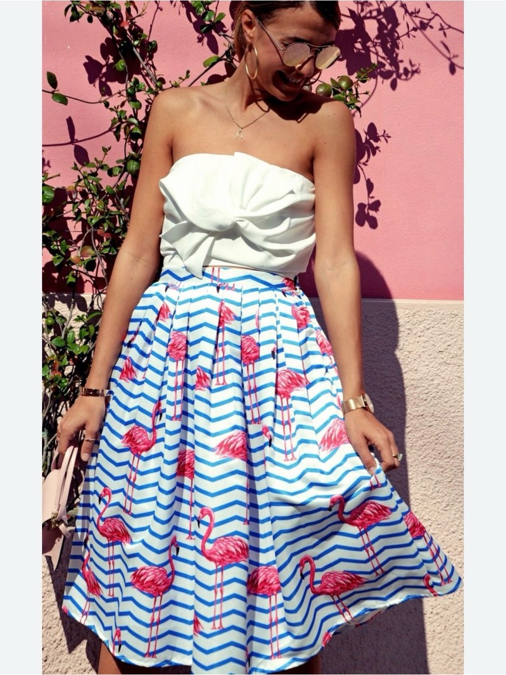 Chicwish Blue & White Striped A-Line Midi Skirt with Pink Flamingo Print